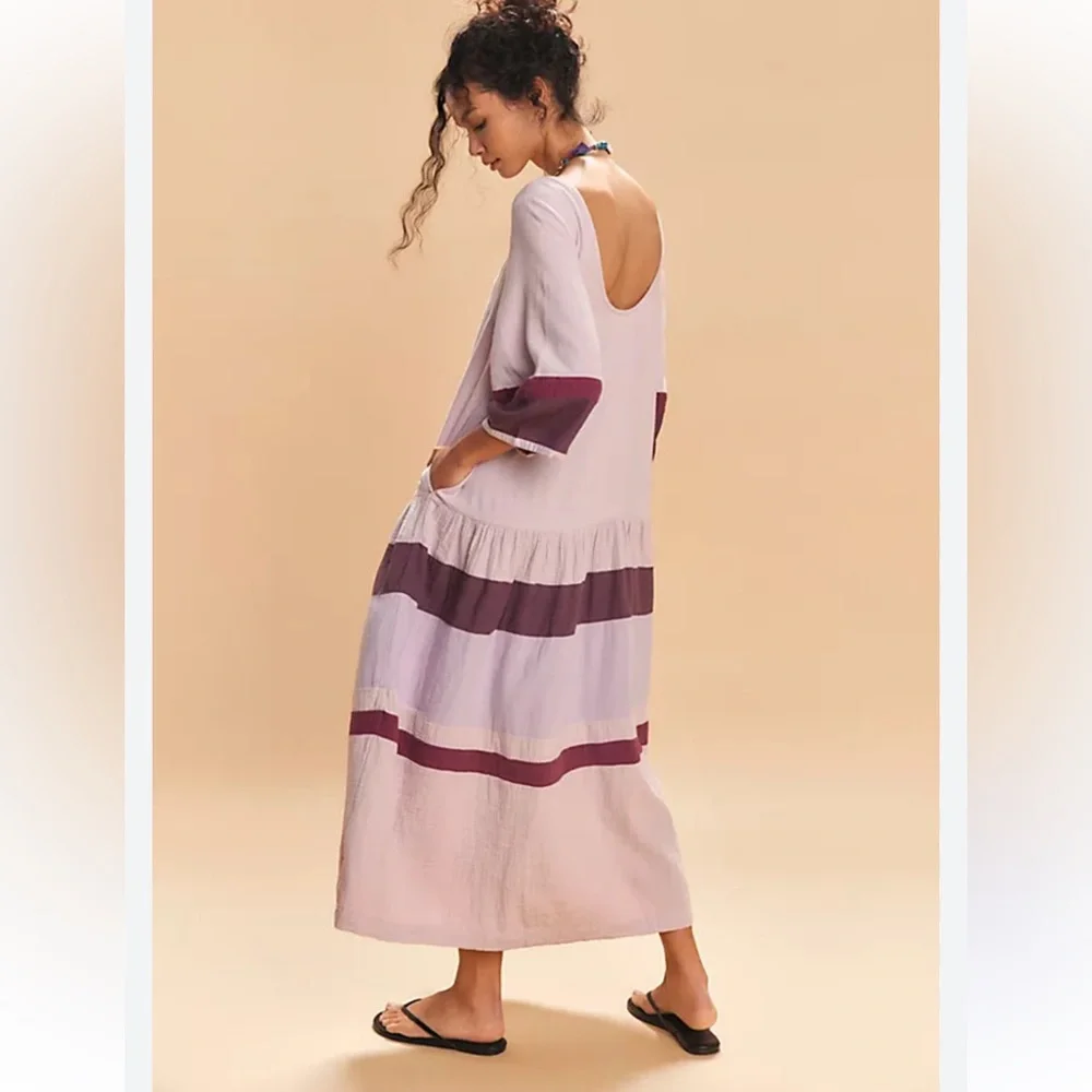 Free People NWT Manda Cotton Midi Dress Lilac Pink has Pockets‎ Oversized Small